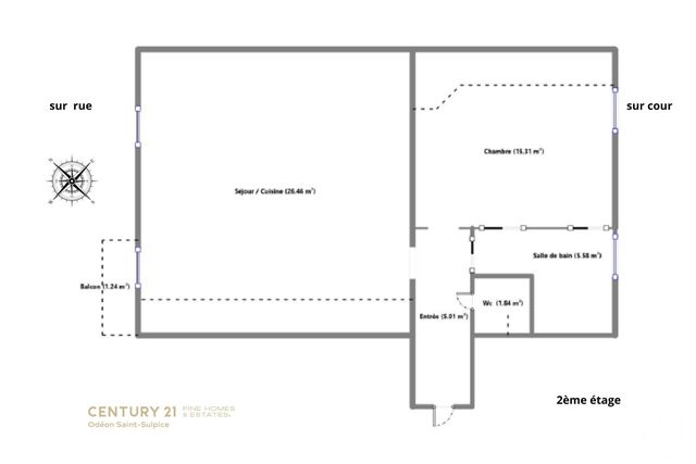 Appartement T2 à vendre - 2 pièces - 54.2 m2 - PARIS - 75015 - ILE-DE-FRANCE - Century 21 Assas Raspail